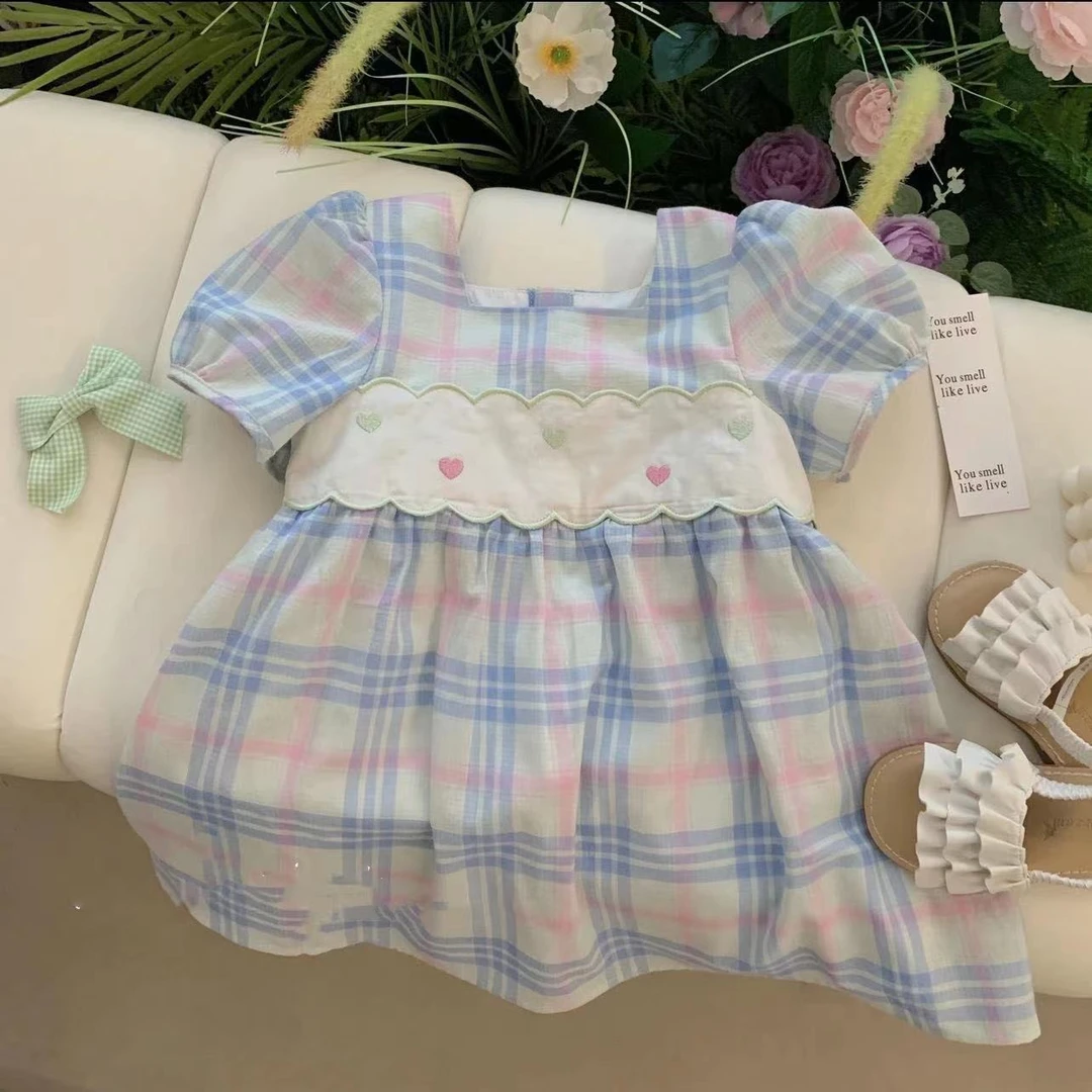 2024年韩版新款女童裙子夏季休闲棉方领大格子短袖婴幼儿包屁裙潮