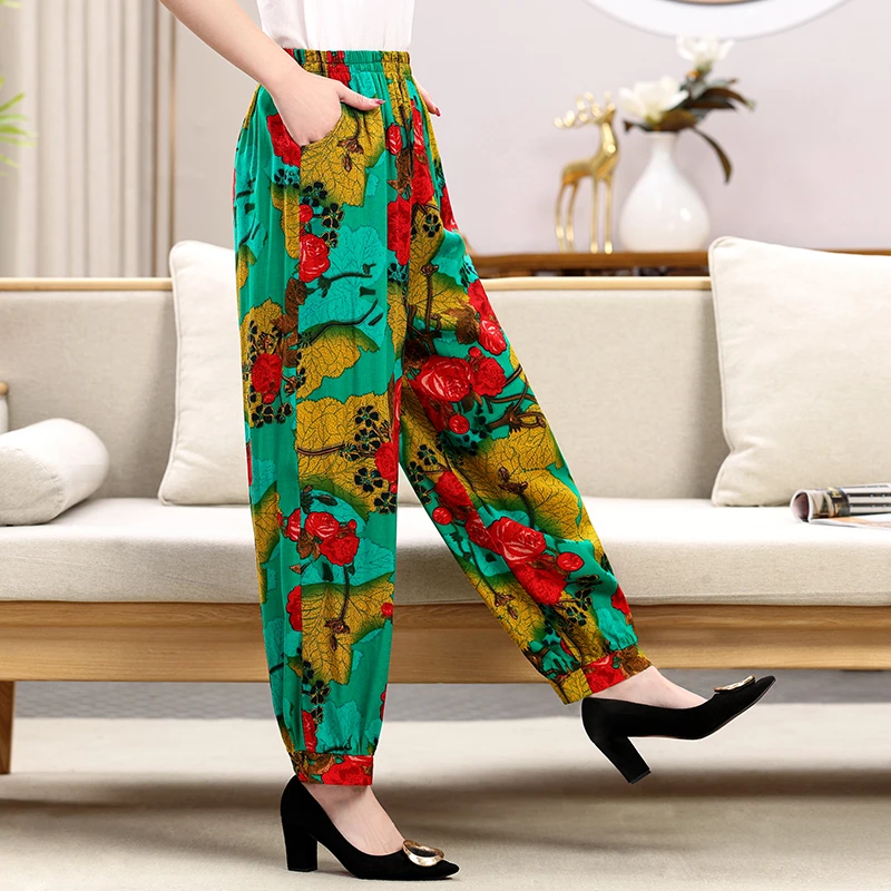 棉绸灯笼裤女夏季薄款防蚊裤中老年高腰宽松休闲裤印花大码速干裤