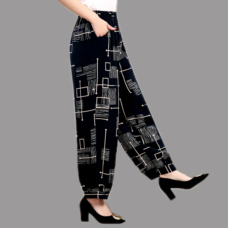 中老年棉绸灯笼裤女束脚裤高腰舞蹈阔腿裤印花大码休闲裤春夏薄款