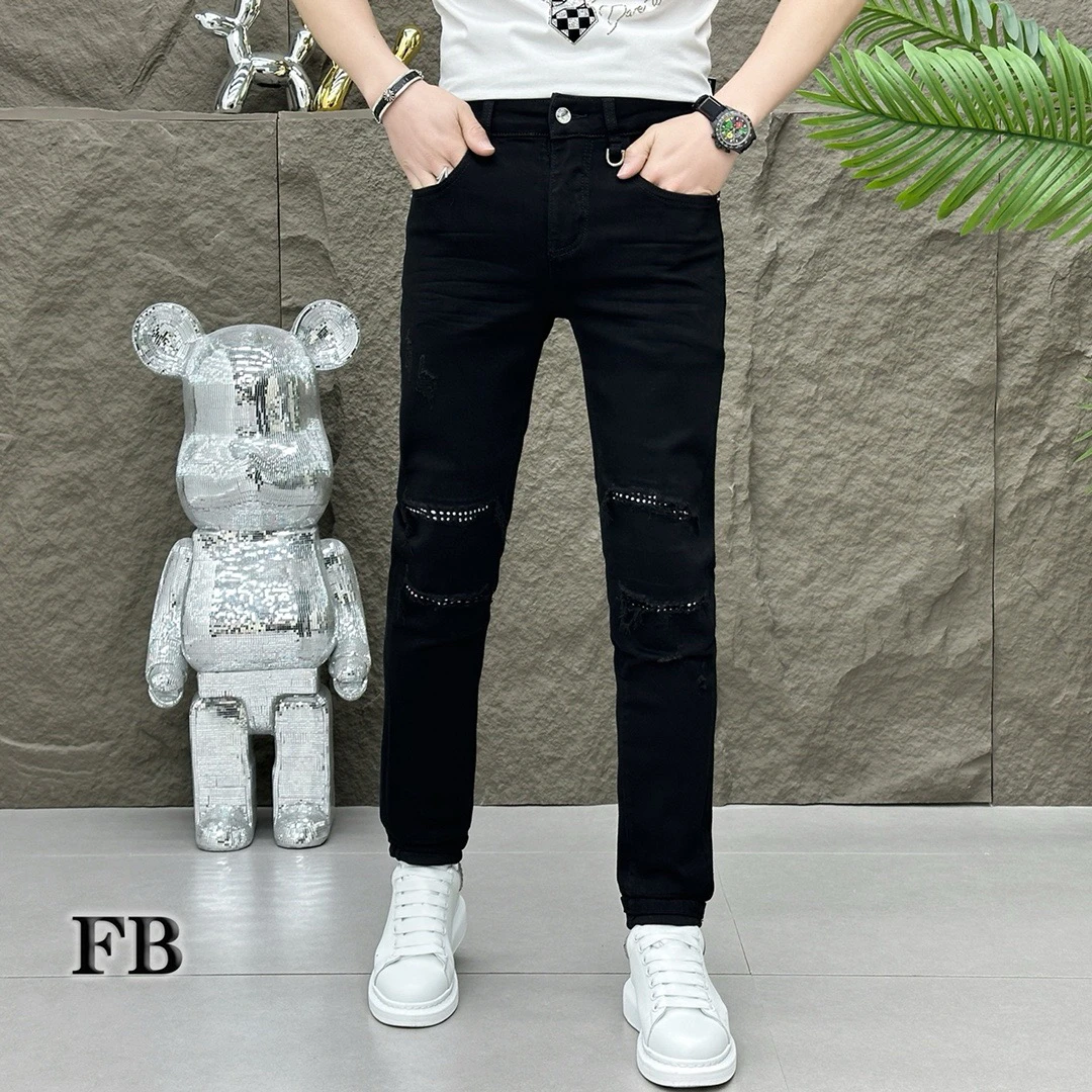 2024新款时尚男士破洞修身弹力纯色牛仔裤小脚裤黑色裤子3035