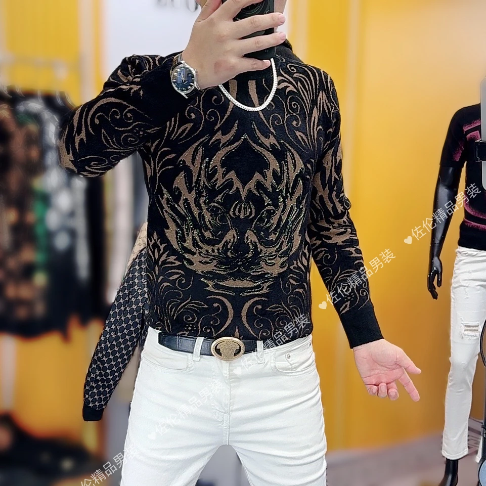 秋冬新款时尚潮流男士修身提花高领毛衣冬季长袖8165