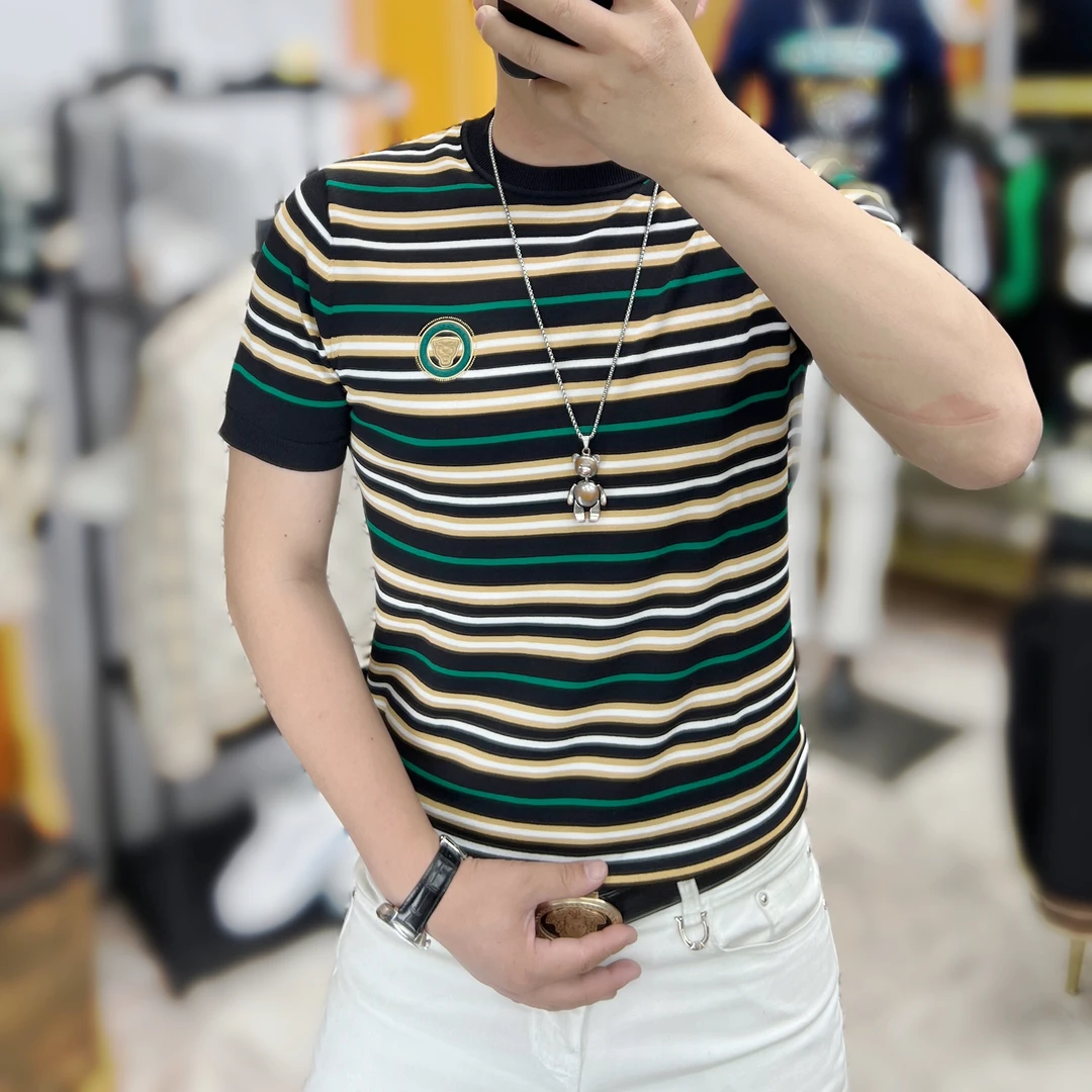 新款男士夏季轻奢时尚伊力特冰丝针织条纹潮流百搭短袖18针