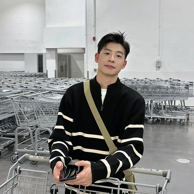 毛衣男秋冬季2024新款条纹半拉链潮牌鹿毛绒套头慵懒风打底针织衫