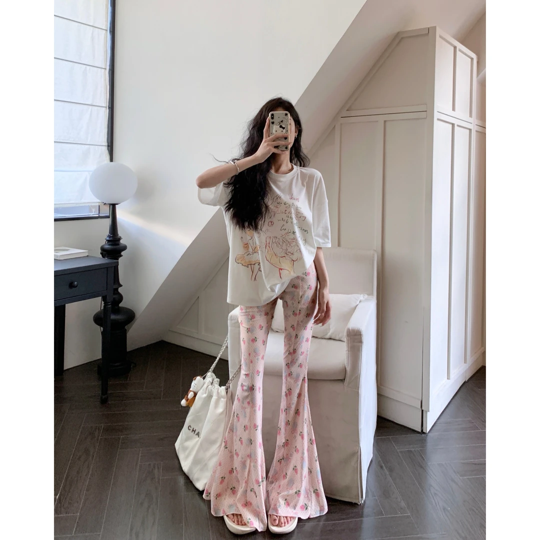 甜美风碎花休闲裤印花女高腰显瘦微喇裤时尚百搭拖地裤秋裤长裤子