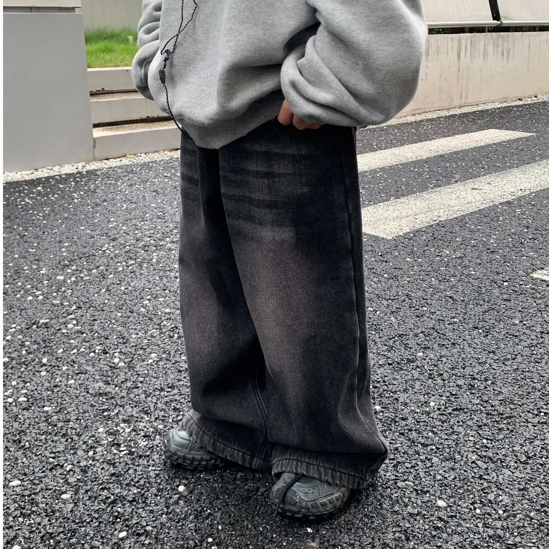 -2024冬款韩版做旧复古感拉满宽松阔腿直筒牛仔裤儿童男童