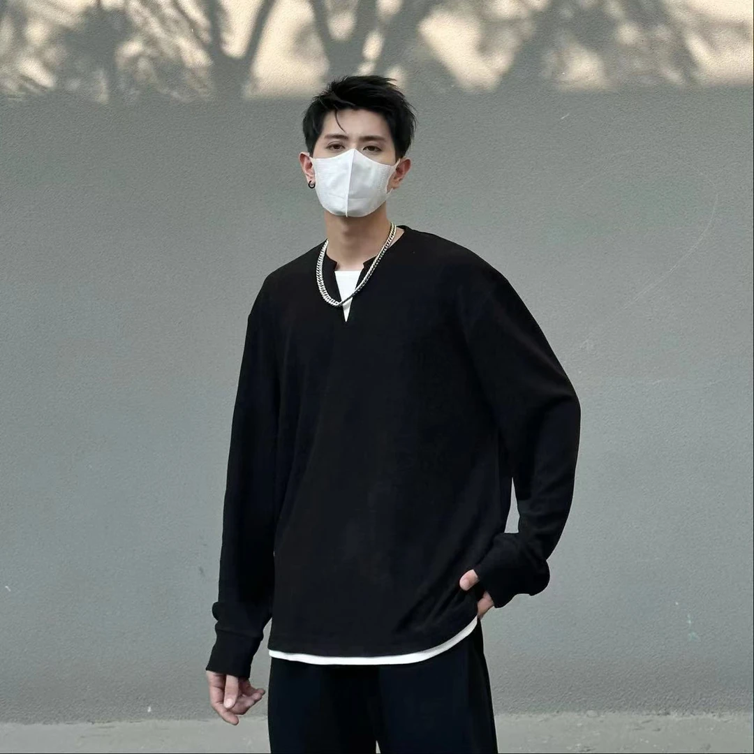 [大牌面料]棉圈肌理V型假两件小立领内搭长袖t恤男士秋冬W8180