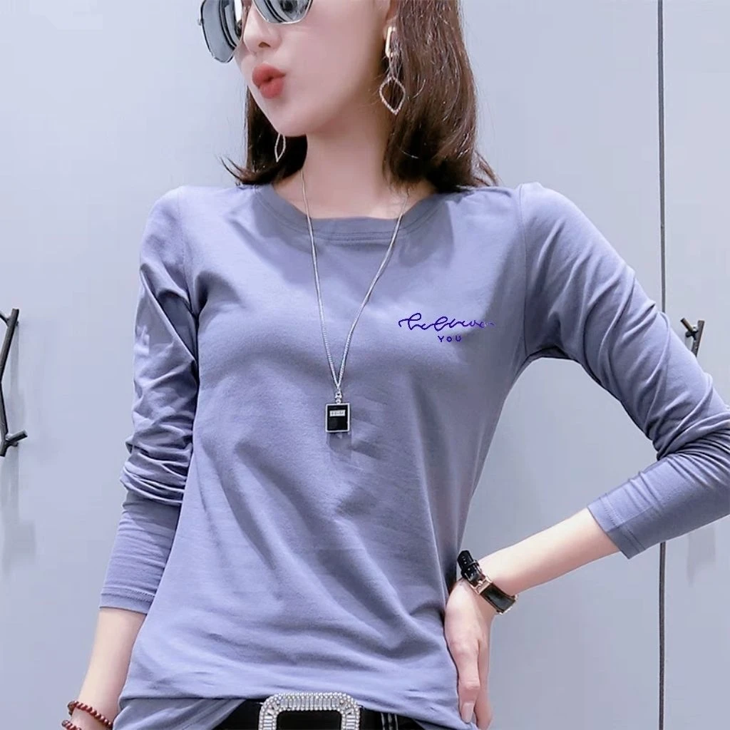 95%棉后包领高质量长袖T恤女士薄款2024秋季新款蓝色圆领修身上衣