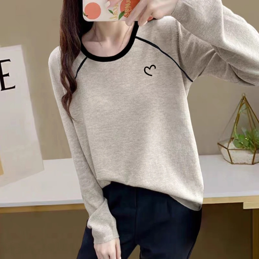 2024新款95%棉长袖T恤女秋季薄款宽松慵懒风时尚设计感撞色上衣女