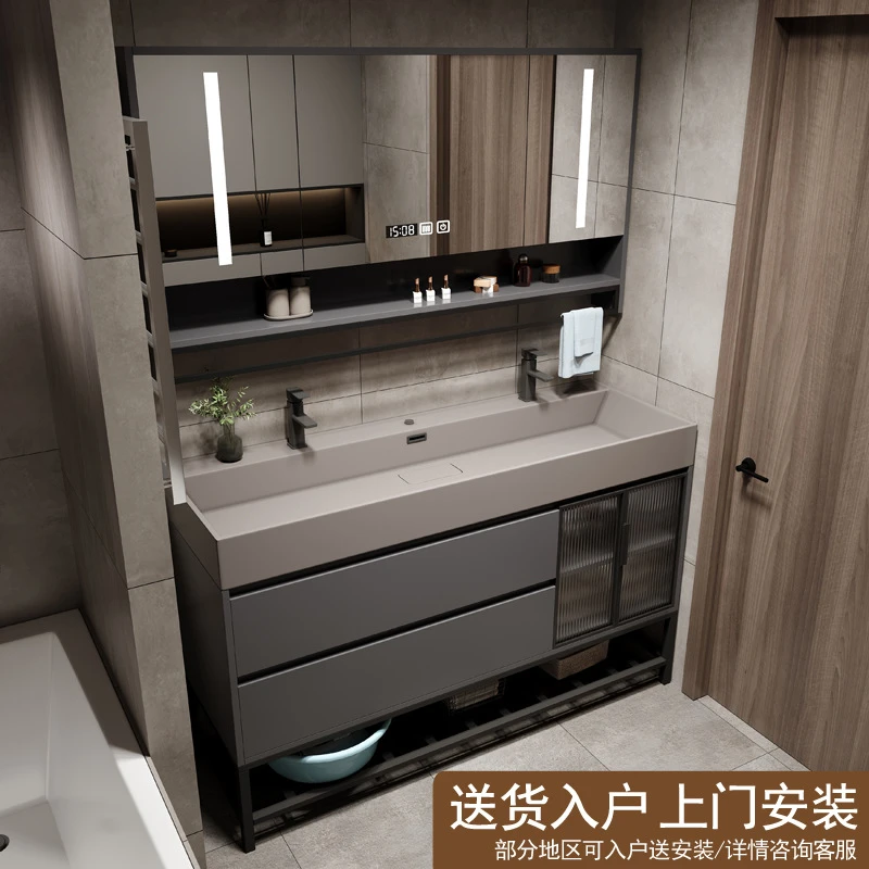 轻奢岩石一体盆智能浴室柜组合卫生间脸盆漱台手盆镜柜套装防潮