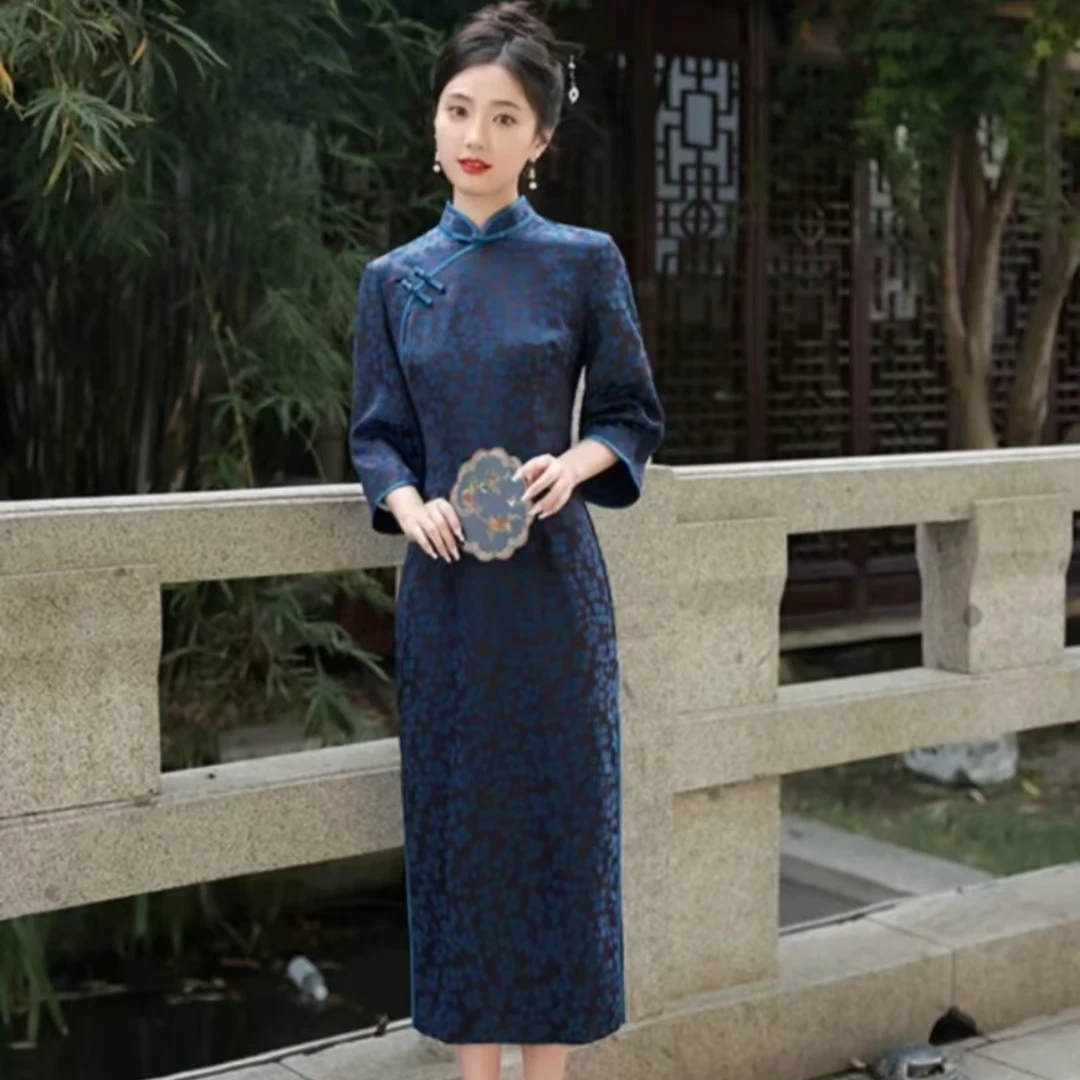 HHJ-早秋新款复古提花倒大袖修身旗袍