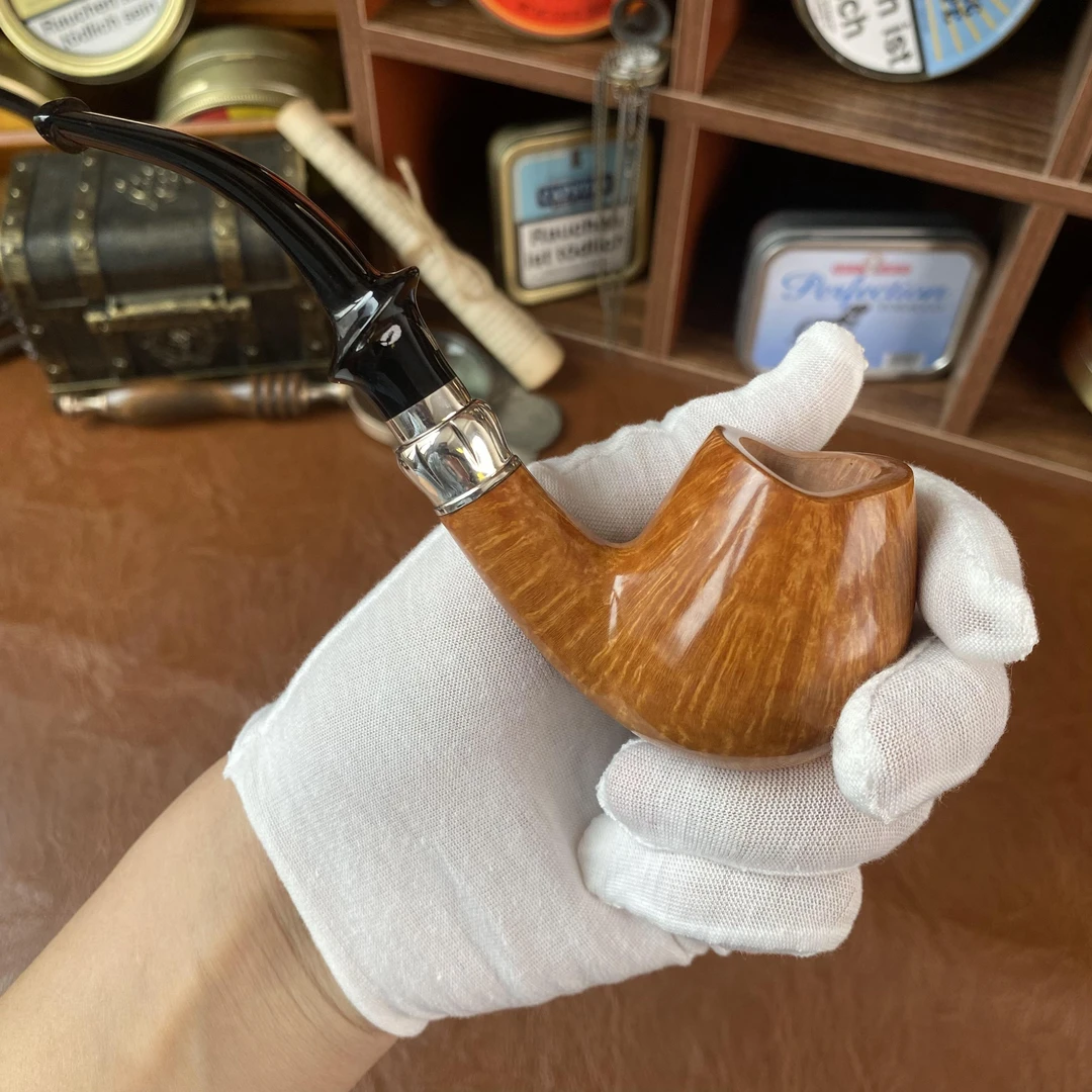火焰王意大利手工石楠木烟斗双皇冠完美火焰纹路花式大弯银色饰圈