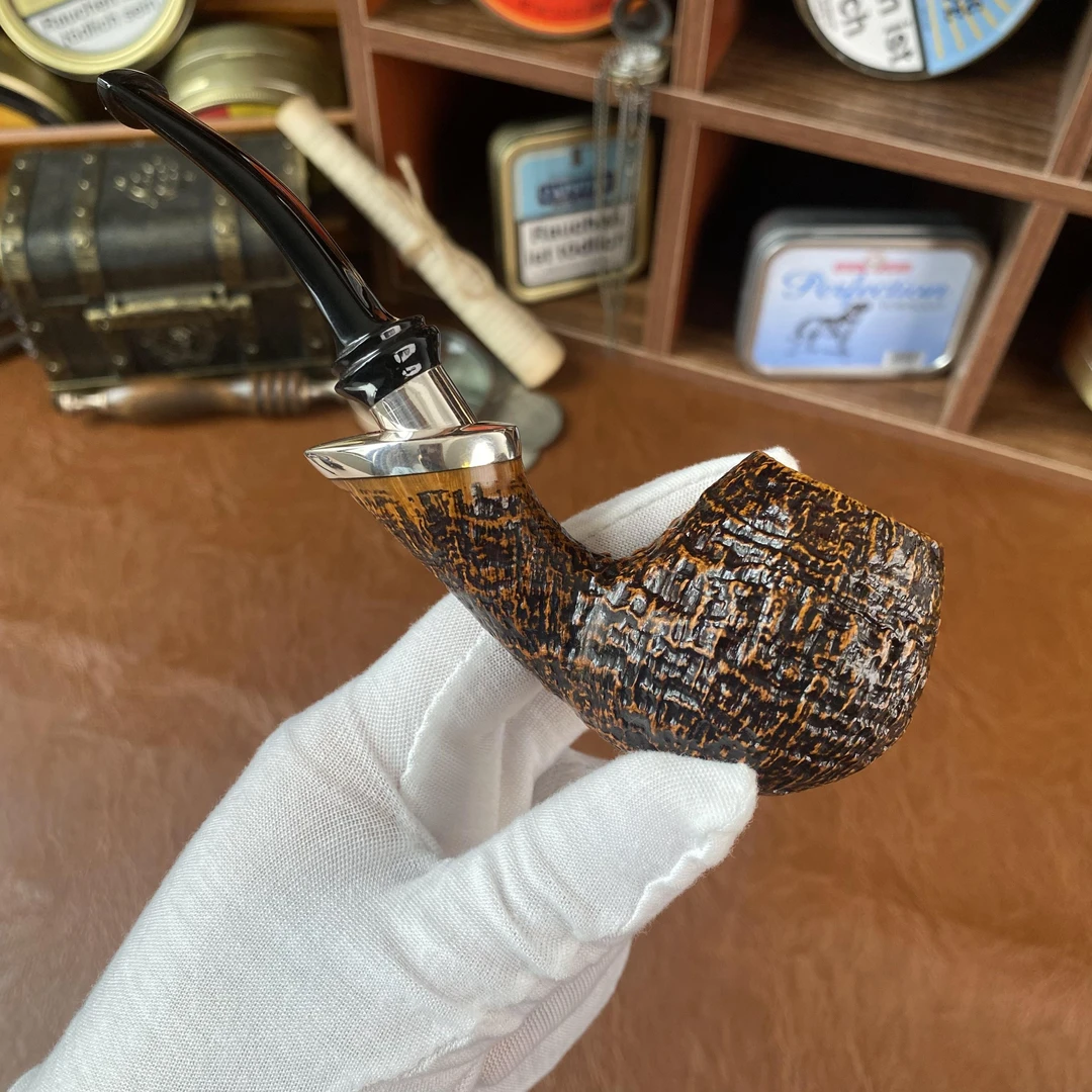 火焰王意大利手工石楠木烟斗栗子喷砂水波纹路银色饰圈硫化橡胶嘴