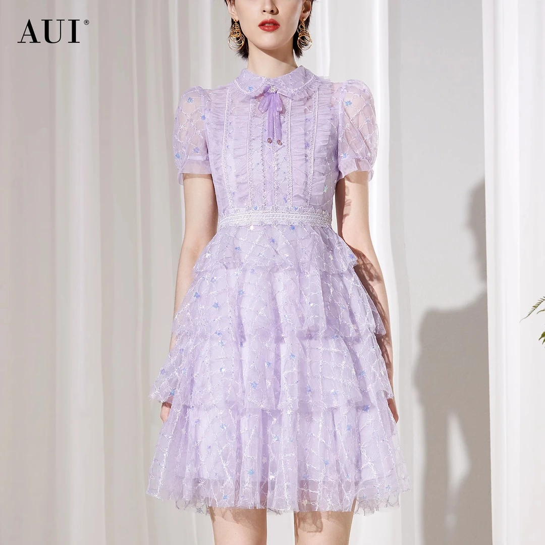 【媛媛女王专享】AUI紫色法式连衣裙泡泡袖收腰网纱A字裙-24X014073