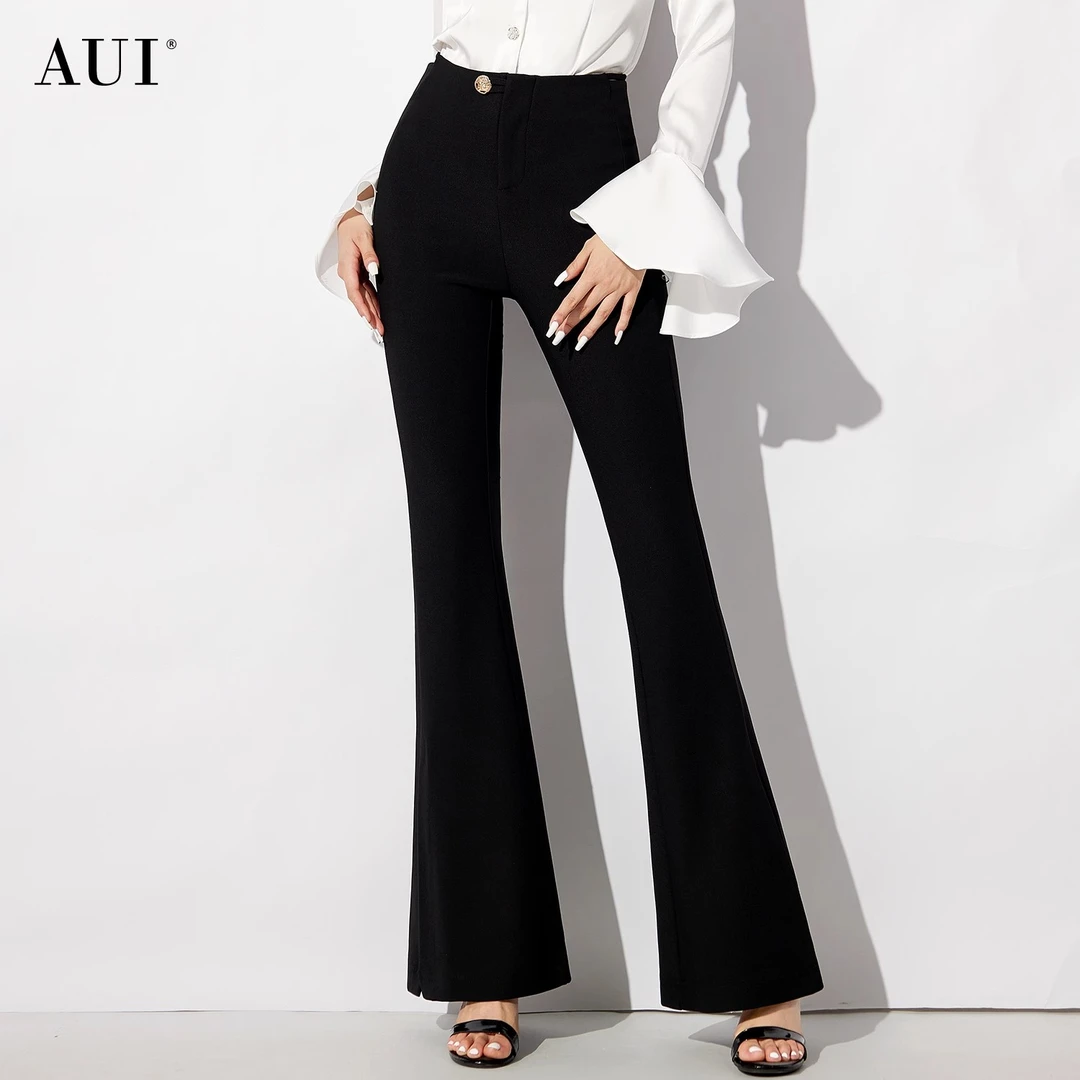 【媛媛女王专享】AUI黑色高腰修身显高显瘦微喇叭裤女-24W074258