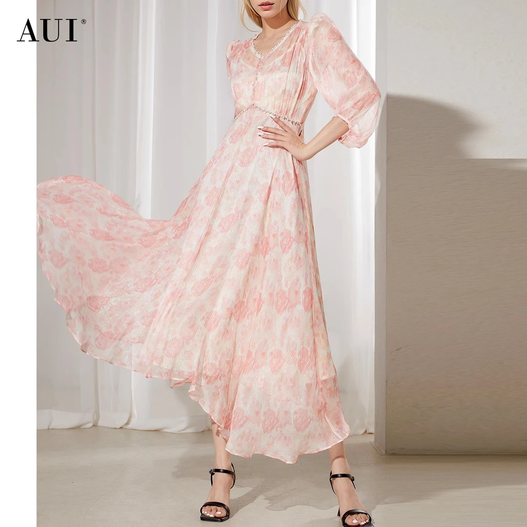 【媛媛女王专享】AUI雪纺连衣裙女气质V领修身a字长裙-24X014331