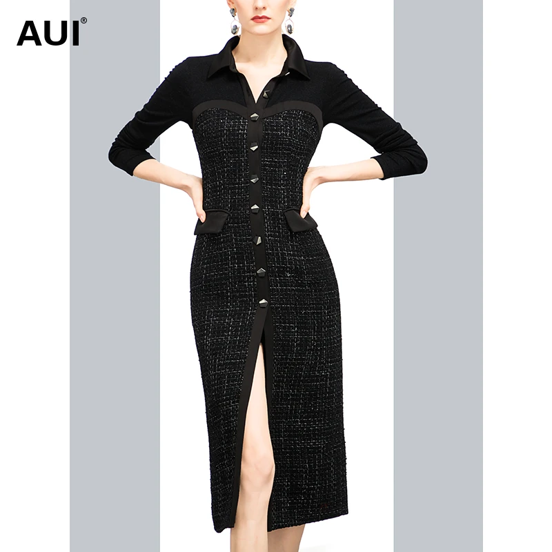 【小云总专享】AUI名媛小香风显瘦连衣裙中长款衬衫裙秋20D017166