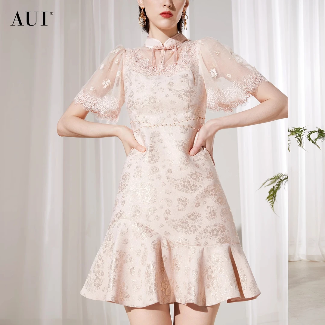 【媛媛女王专享】AUI粉色新中式旗袍改良连衣裙收腰A字裙-24X014080