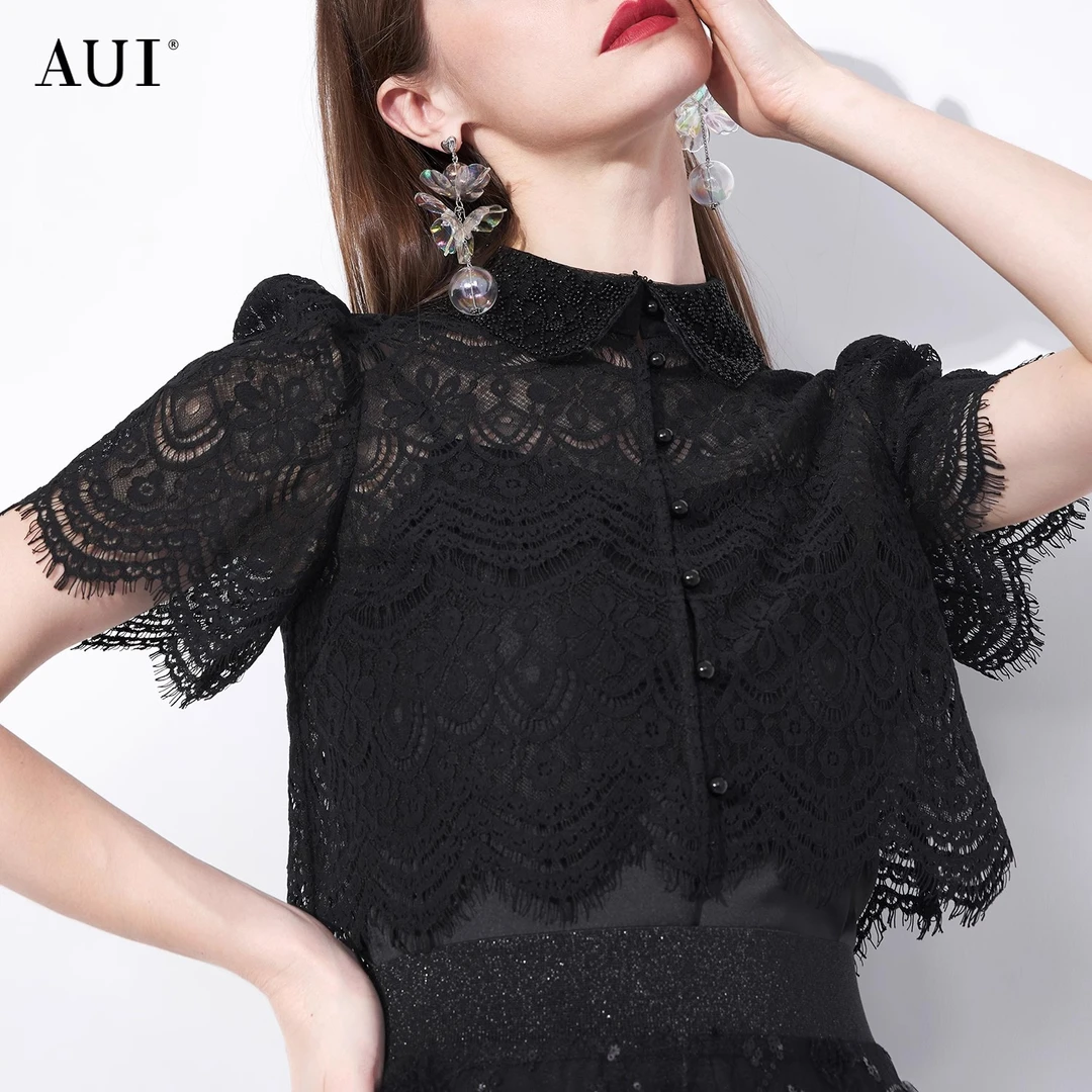 【AUI】AUI黑色设计感蕾丝衫别致高级感夏季短袖上衣LD-23X012581