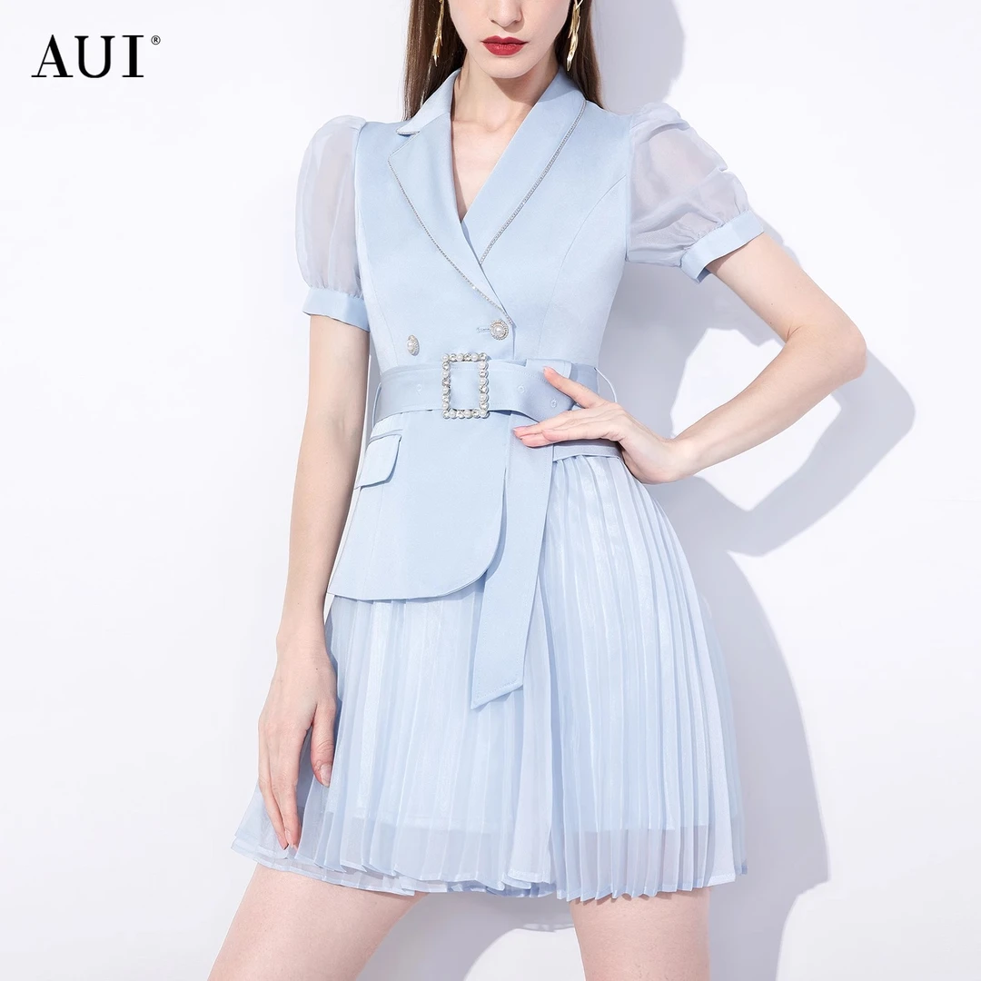 【AUI专属】aui西装连衣裙收腰网纱修身百褶裙-21D018187