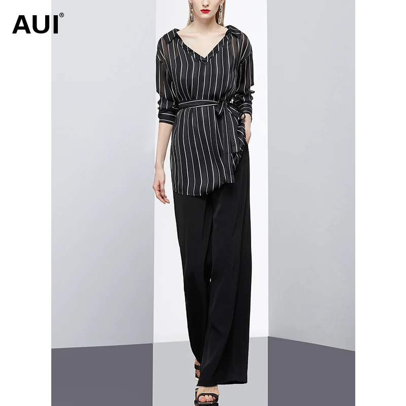【小熊专属】AUI欧洲站时尚气质条纹高腰阔腿裤两件套-20X025831