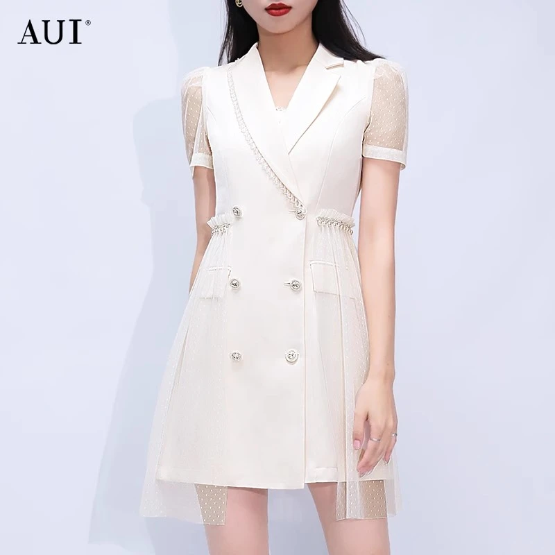 AUI杏色职业西装连衣裙小众网纱修身中长裙LGZ-22G010982
