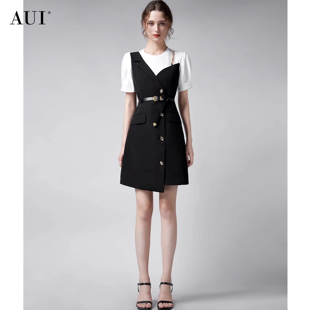 aui【媛媛女王专享】假两件西装连衣裙女气质高级显瘦裙24W014596