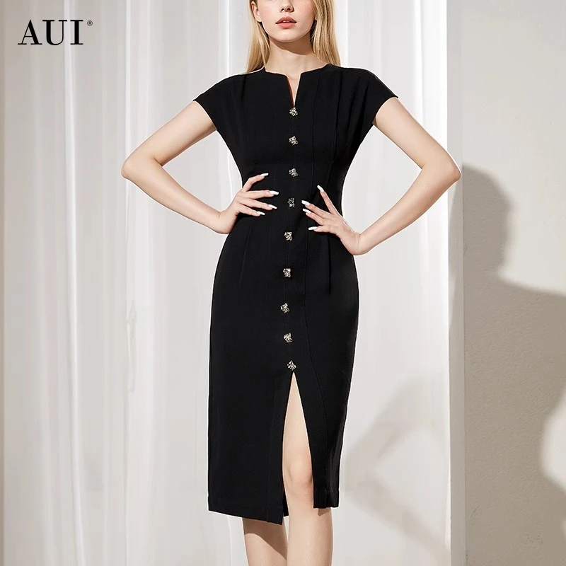 【彤彤专属】AUI黑色赫本风V领连衣裙修身显瘦包臀中长裙-24W014315