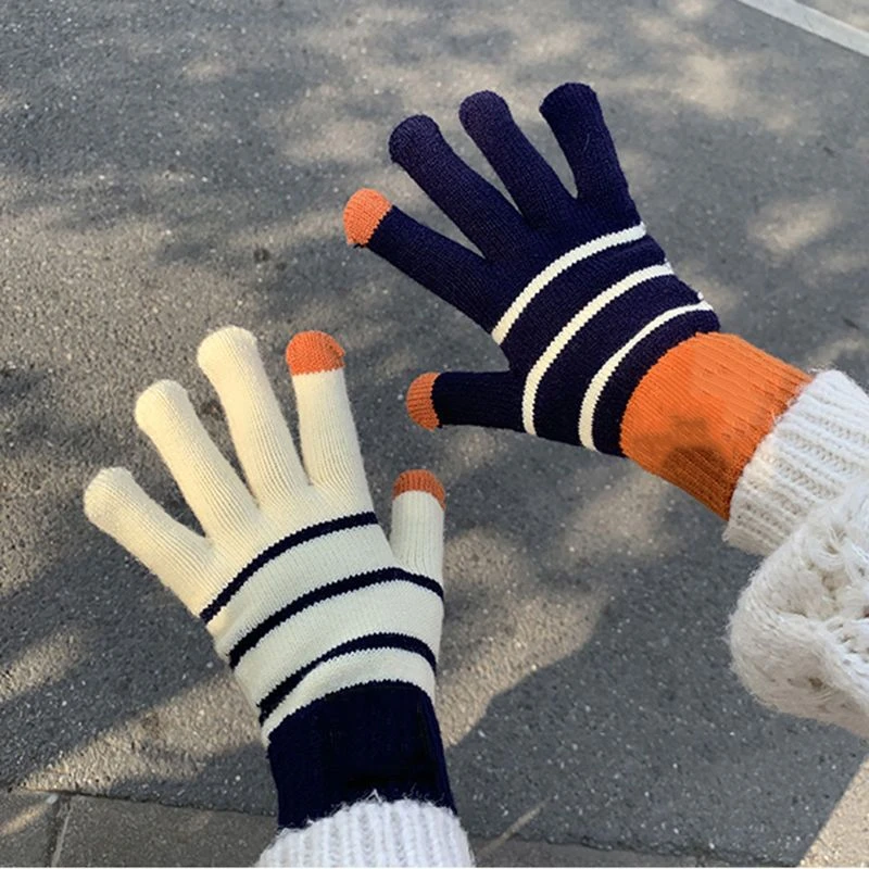 条纹触屏手套冬天新款分指保暖毛线防寒ins可爱学生男女针织手套