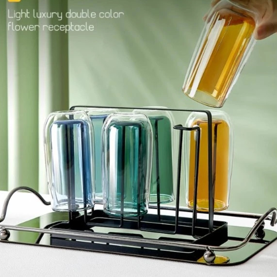 青苹果加厚双层耐热玻璃杯子隔热不烫手家用防烫绿茶杯彩色水杯