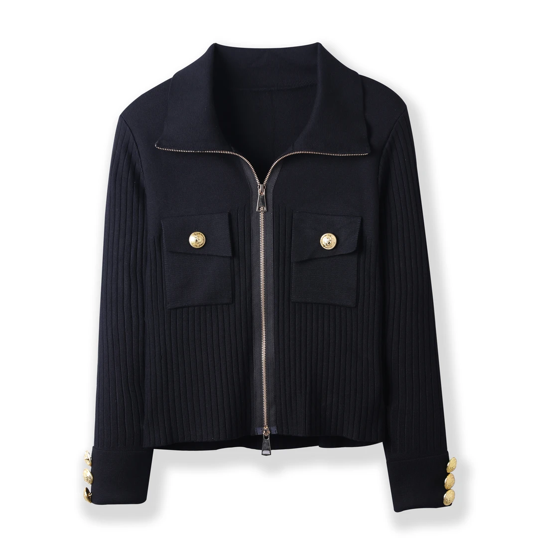 JD3124 双拉链翻领针织开衫外套女新款设计感上衣AH