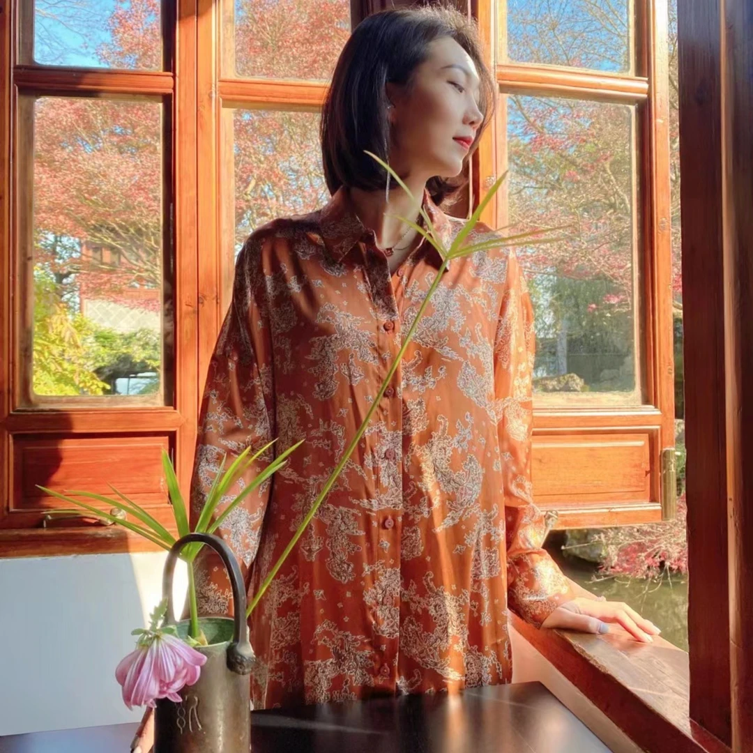 茜茜精选 桑蚕丝宽松长款复古时尚中式衬衫印花碎花上衣休闲9012
