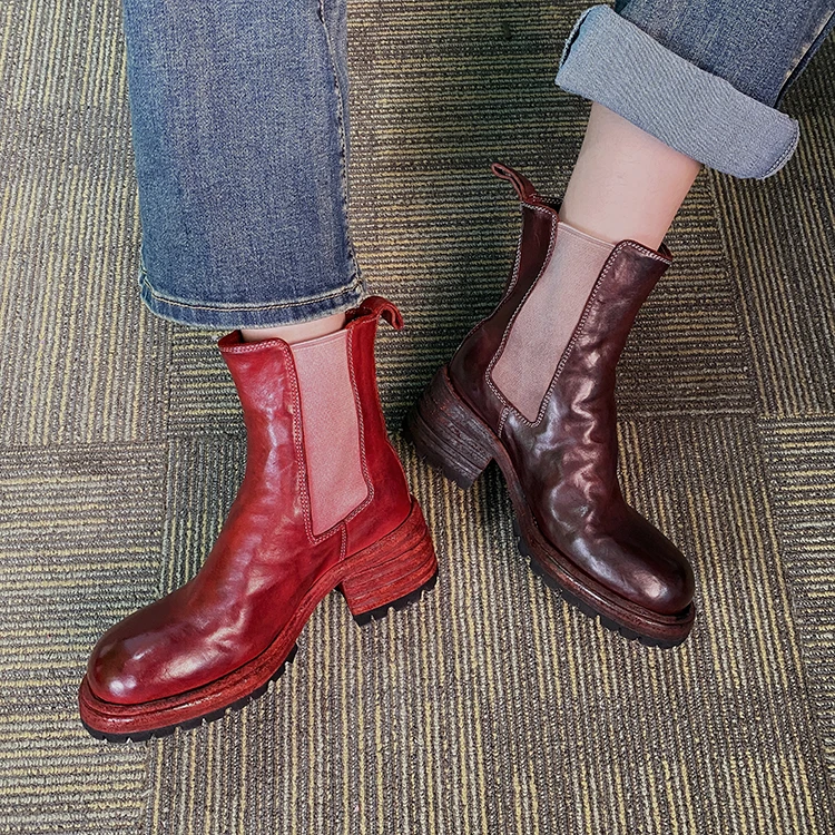 切尔西靴女高跟女靴2024新款复古做旧水洗马皮粗跟厚底中筒靴子女