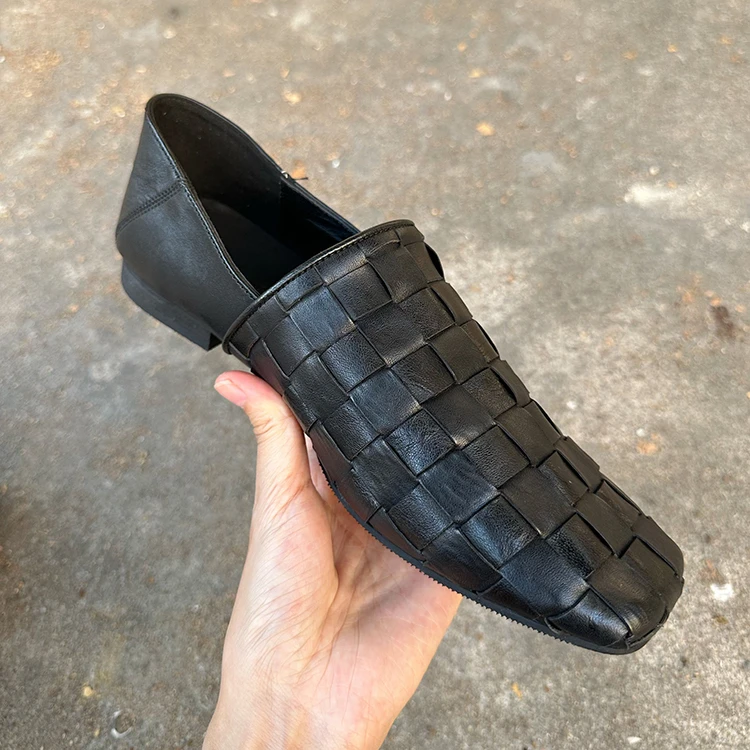 乐福鞋女单鞋2024新款一脚蹬百搭编织英伦小皮鞋女方头平底鞋