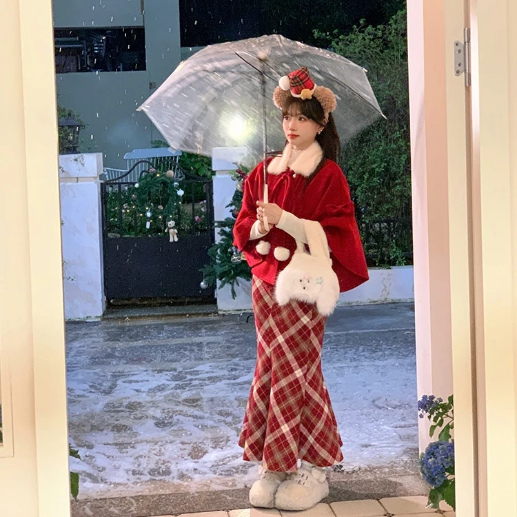 微醺玫瑰 织物猪原创元旦新年氛围感复古毛呢斗篷格子鱼尾裙