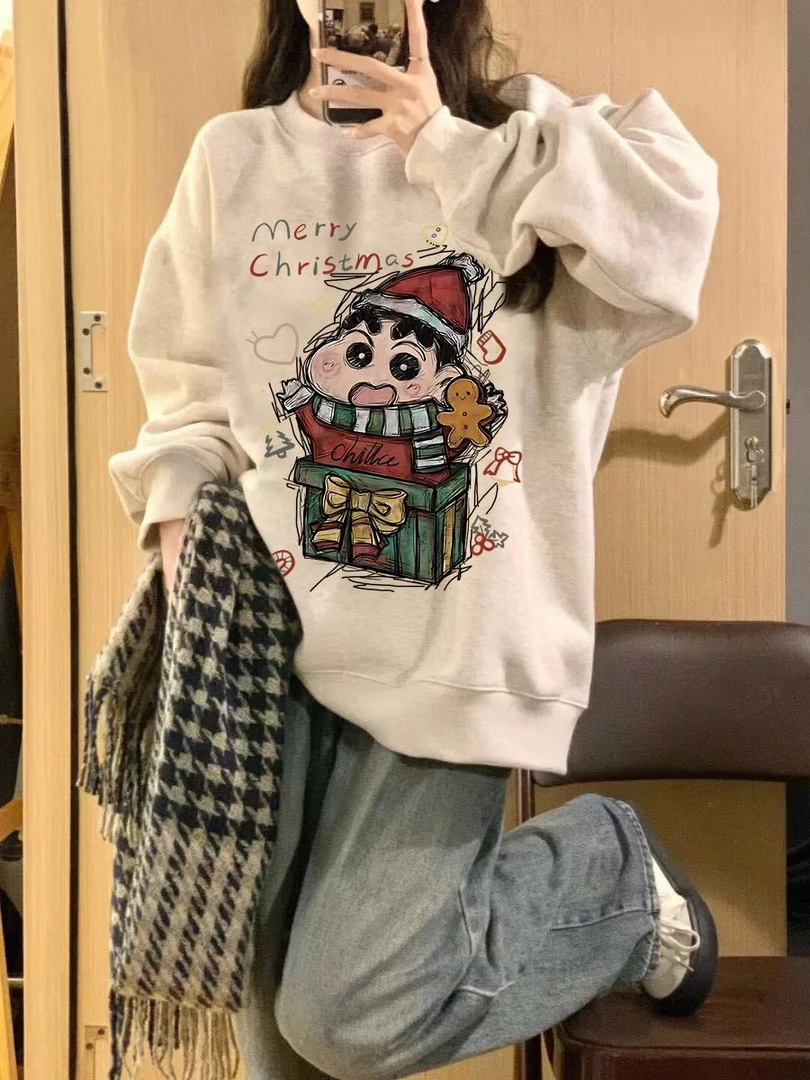 美式复古卡通印花卫衣女秋冬加绒加厚圆领宽松百搭上衣小众设计感