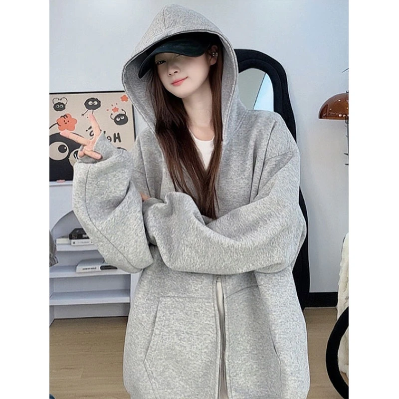 美式重磅开衫卫衣男女秋冬新款美式纯色上衣潮牌休闲宽松连帽外套