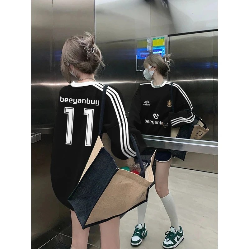 潮牌黑色三条杠卫衣女秋冬2024新款爆款宽松美式情侣外套长袖上衣