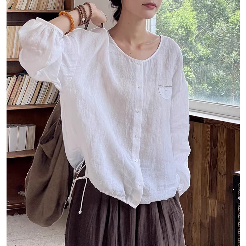 特！门店29&9！圆领简约！主播自留~100%麻定织泡泡肌理衬衫女L41656