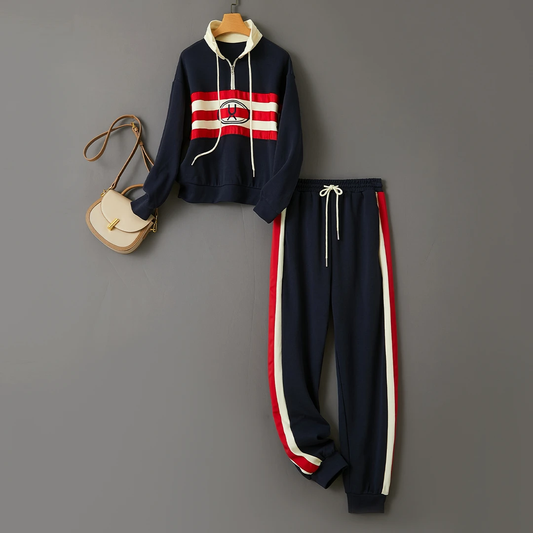 特！门店35&9！经典红蓝撞色~时尚显瘦翻领抽绳运动风套装女L70673