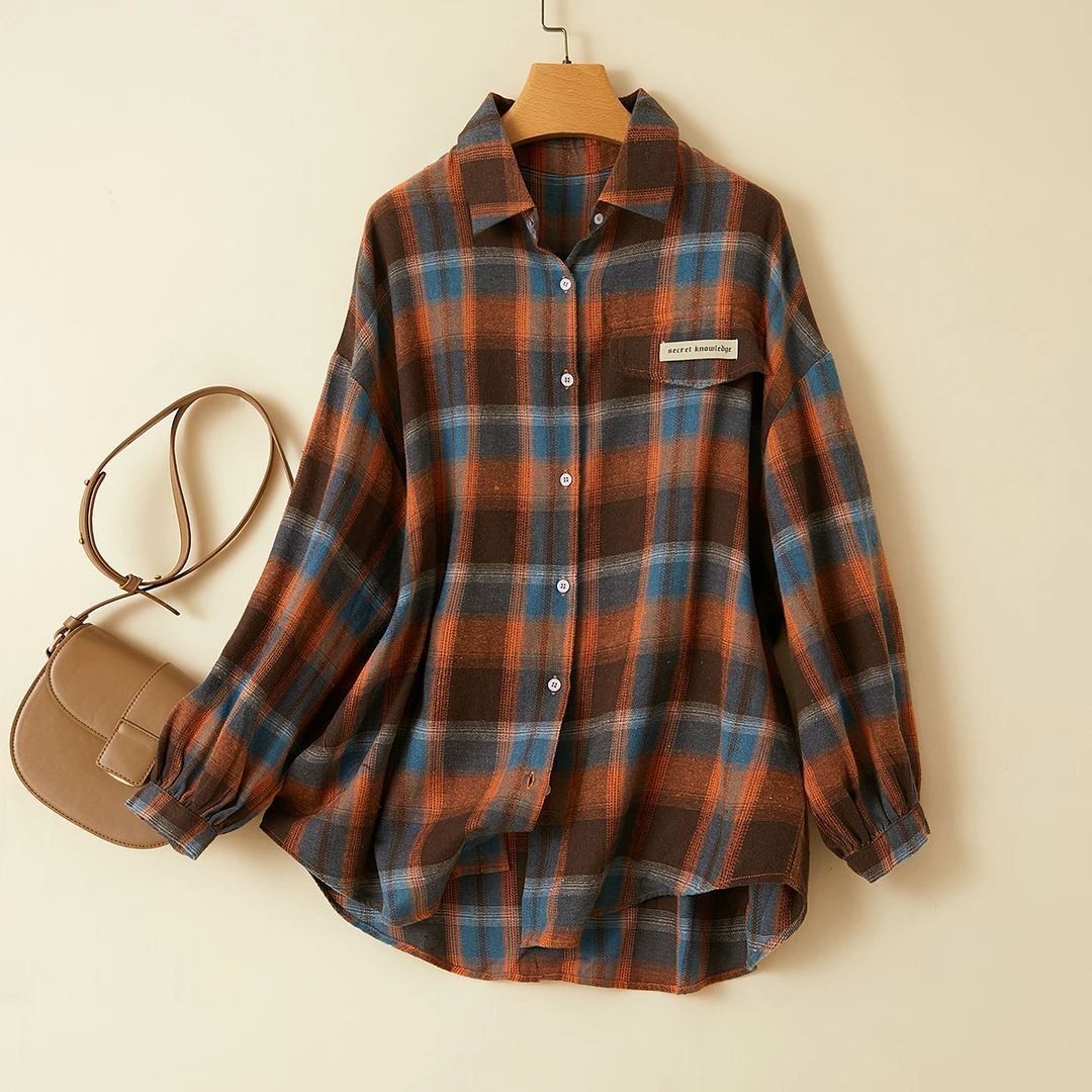 特！门店24&9！经典百搭格纹舒适翻领宽松长袖衬衫女 L72640