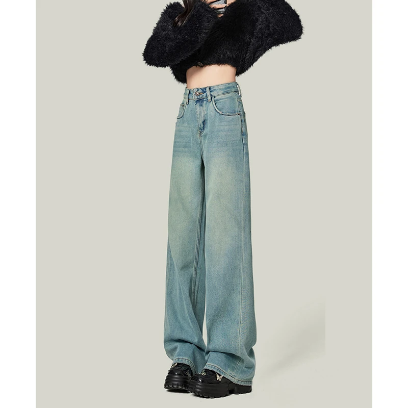 浅蓝色阔腿牛仔裤女2023年秋冬新款高腰宽松垂感显瘦直筒拖地裤子