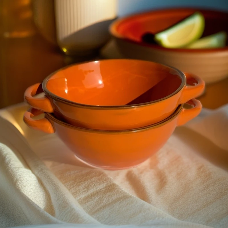 【福利款】2件陶瓷6寸碗双耳米饭碗橙色色釉沙拉碗