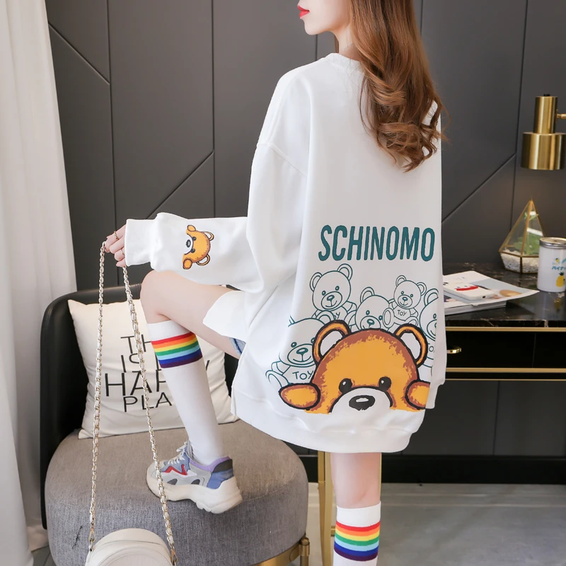 欧货小熊潮胖mm春秋新款加厚圆领宽松大码中长款遮屁股上衣卫衣女