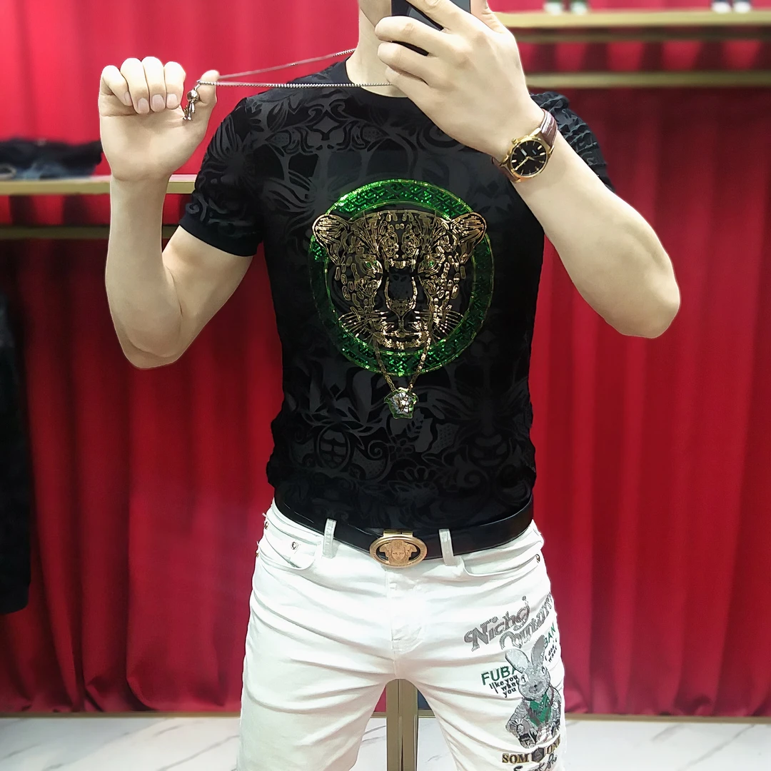 男士夏季新款时尚潮流百搭薄款弹力修身植绒提花冰丝短袖T恤9Y107