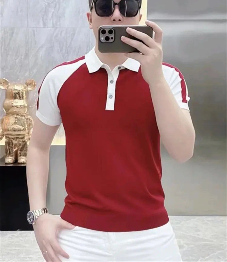 2025夏季爆款男士休闲时尚翻领高品质半袖冰麻针织拼色polo短袖潮