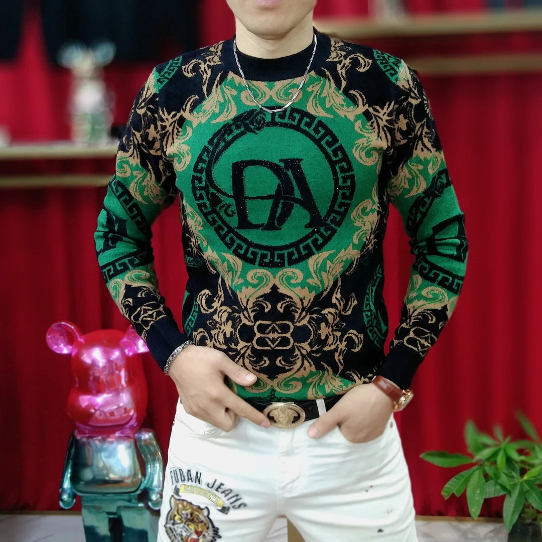 秋冬新款男士休闲针织长袖时尚修身提花烫钻百搭潮流打底毛衣8116