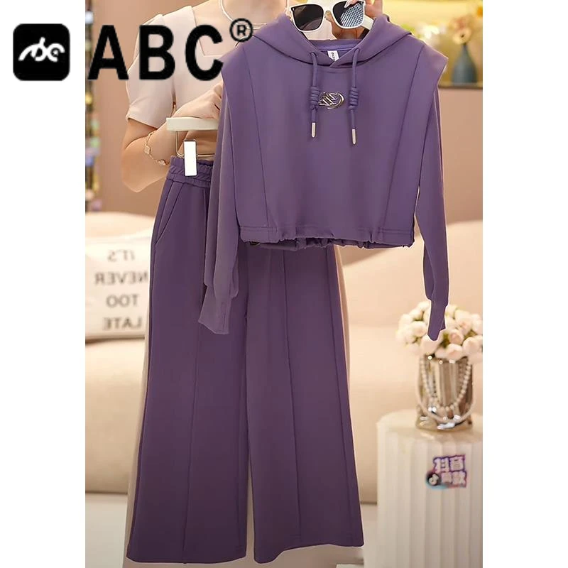 ABC女童卫衣阔腿裤套装23024春秋款中大童连帽长袖拖地裤运动两件