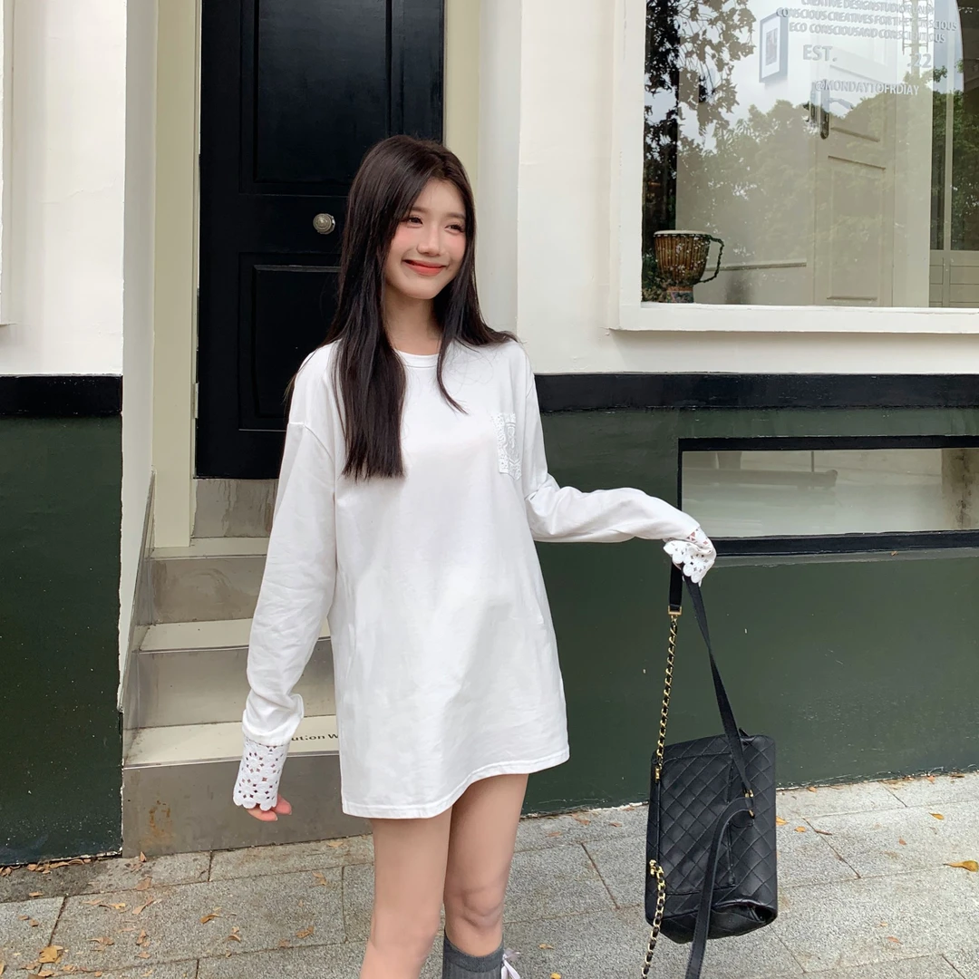 【小呆鸟专享】CROWCAIM 绣花袖口套头长袖TEE CC24205