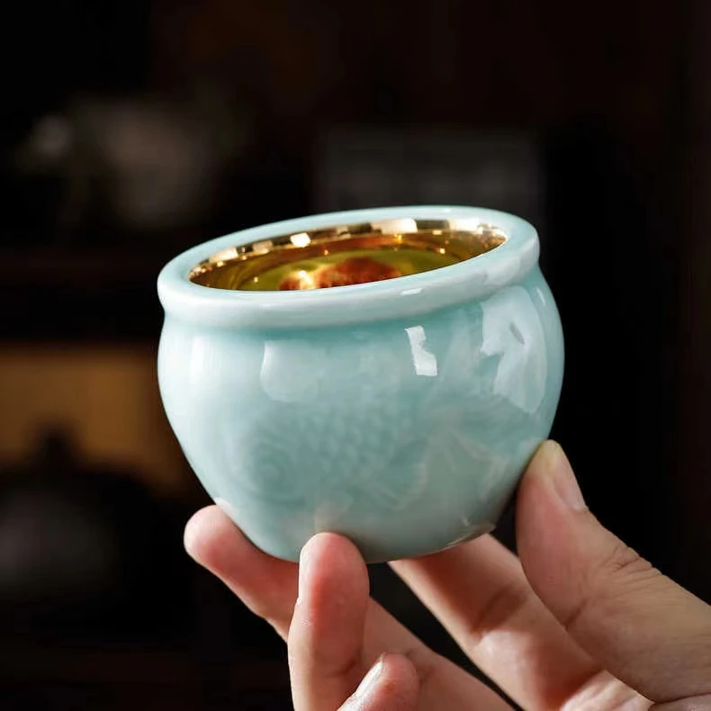 万歆 青瓷茶杯主人杯大号品茗杯鎏金青瓷鱼杯