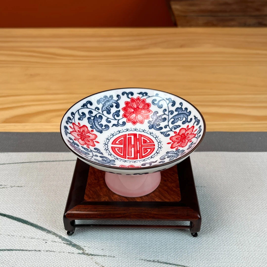 青花福字 缠枝莲 高脚果盘 （红）茶具器具茶盘托盘茶具配件